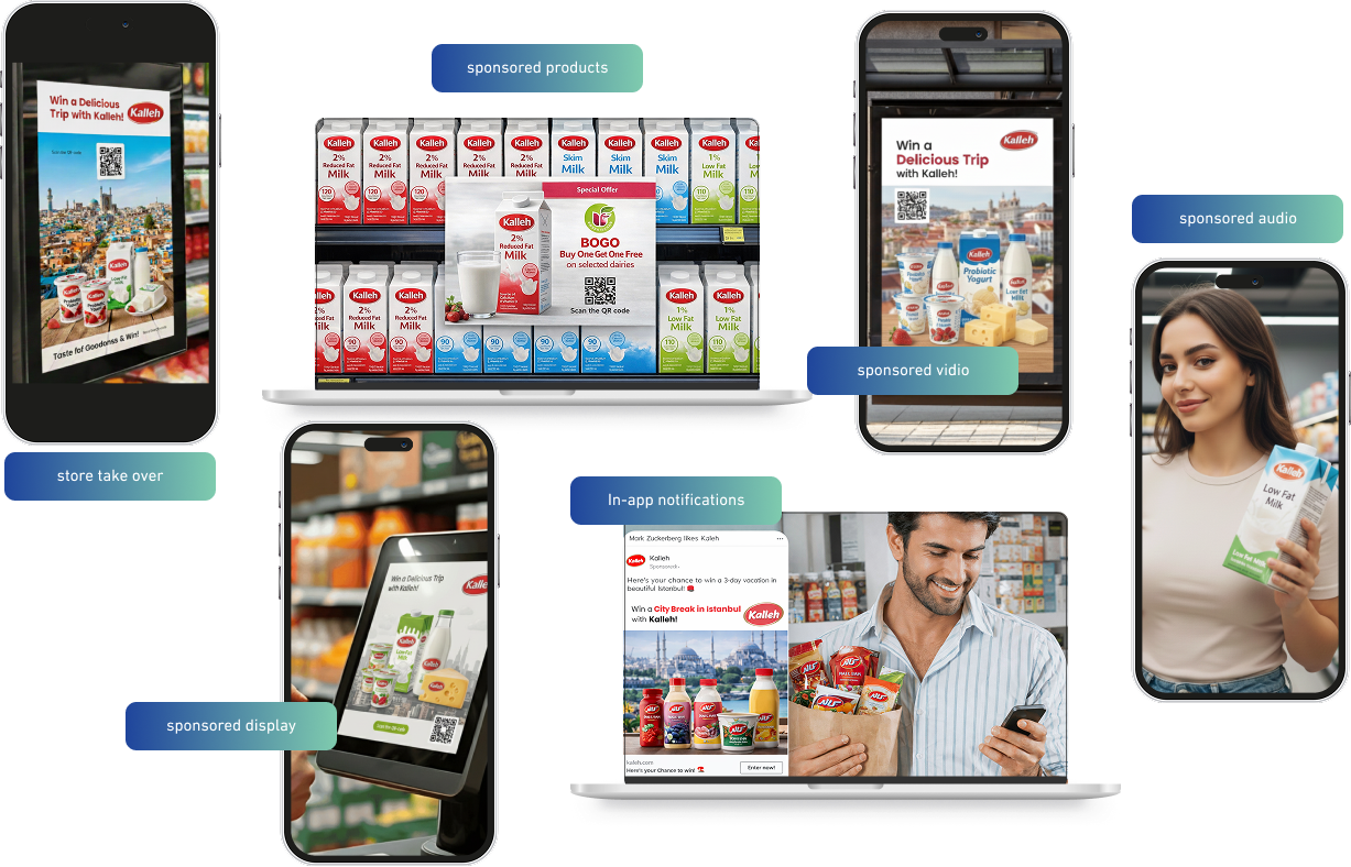 Channels: Screens, Radio, Loyalty app Formats: store take-over, sponsored display, sponsored video, sponsored products, sponsored audio, in-app notifications